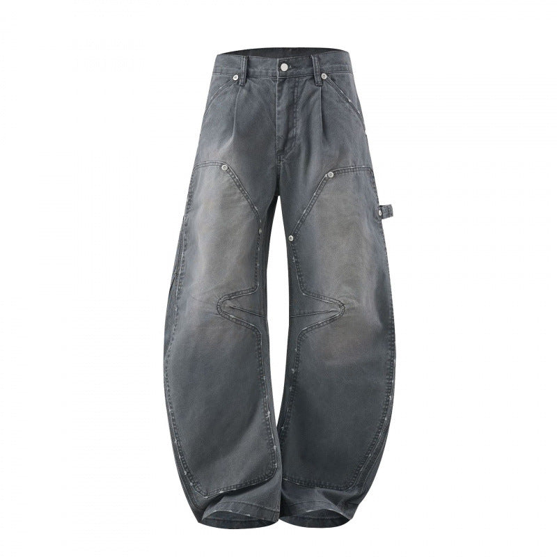 Women's Wide Denim Carpenter Pants with Balloon Legs and Reinforced Knee Panels Mune Fashion