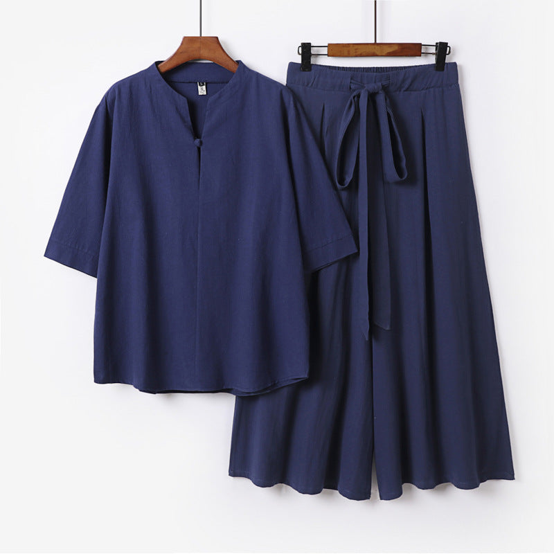Women's Casual Linen-Viscose Lounge Set with Stand Collar Top and Wide Palazzo Pants Mune Fashion