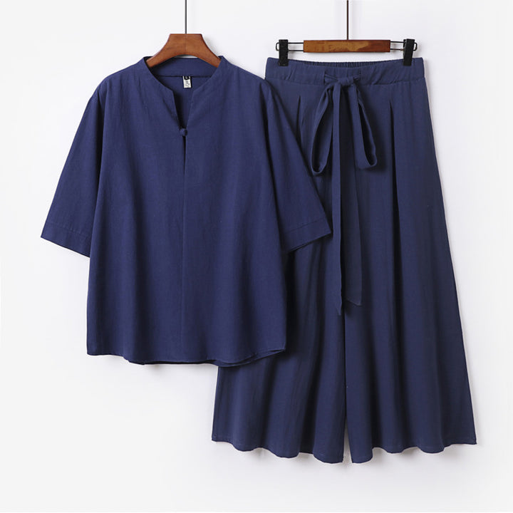 Women's Casual Linen-Viscose Lounge Set with Stand Collar Top and Wide Palazzo Pants Mune Fashion