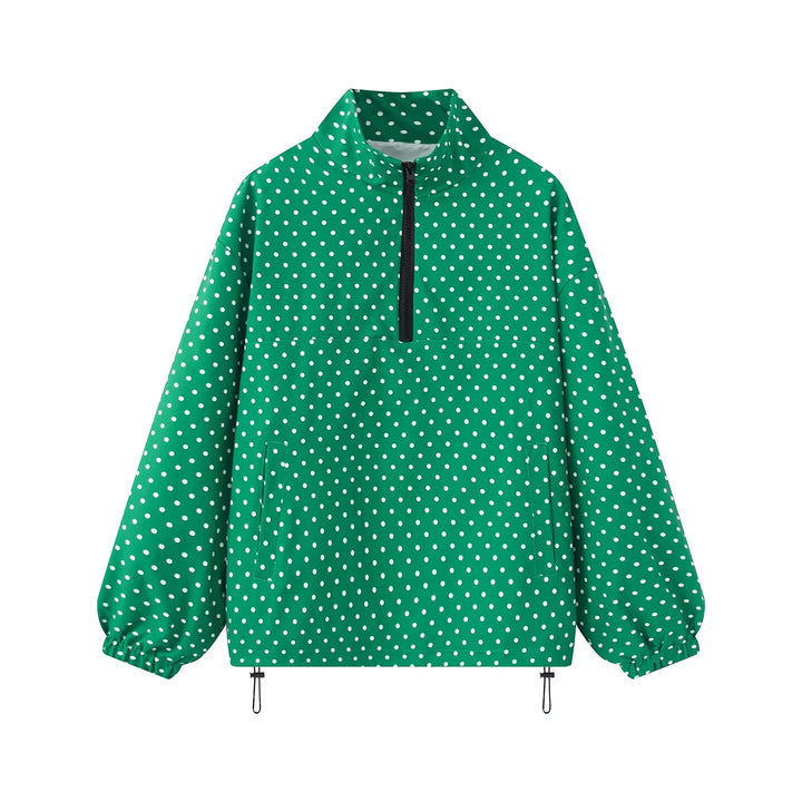 Women's Polka Dot Light Anorak with Half Zip, Kangaroo Pocket and Drawstring Mune Fashion