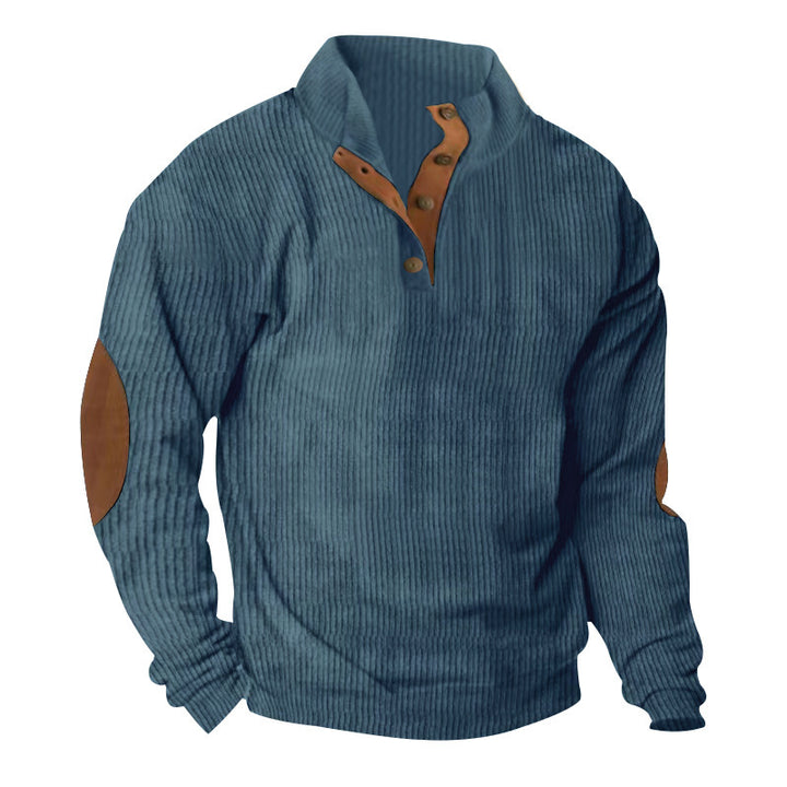 Men's Ribbed Henley Sweater with Stand Collar, Button Placket & Leather Elbow Patches Mune Fashion