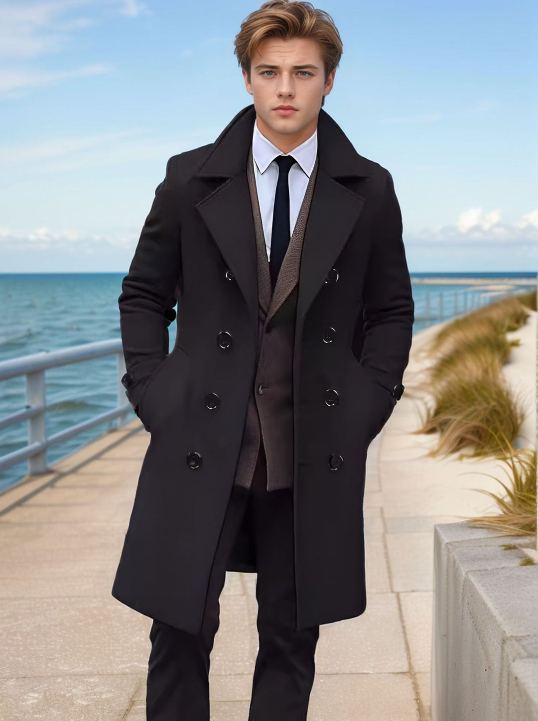 Men's Elegant Single-Breasted Long Coat Made of Wool Blend with Slim Silhouette and Lapel Collar Mune Fashion