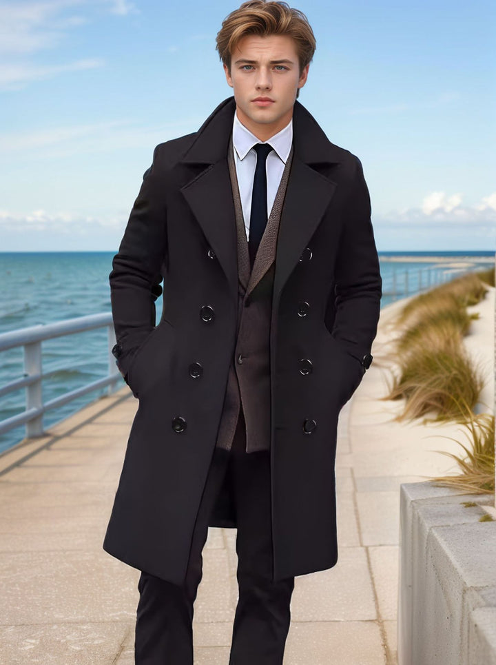 Men's Elegant Single-Breasted Long Coat Made of Wool Blend with Slim Silhouette and Lapel Collar Mune Fashion