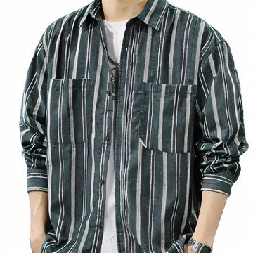 Men's Oversized Wide Corduroy Shirt Jacket with Vertical Stripe Texture and Patch Chest Pockets Mune Fashion
