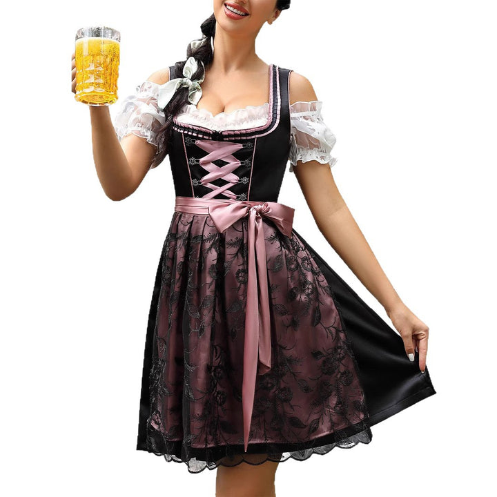 Women's short dirndl traditional dress with lacing, lace sleeves and decorative apron Mune Fashion