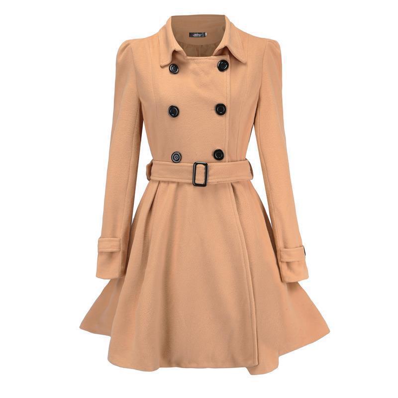 Women's tailored double-breasted coat with flared skirt, tailored belt, and structured shoulders Mune Fashion