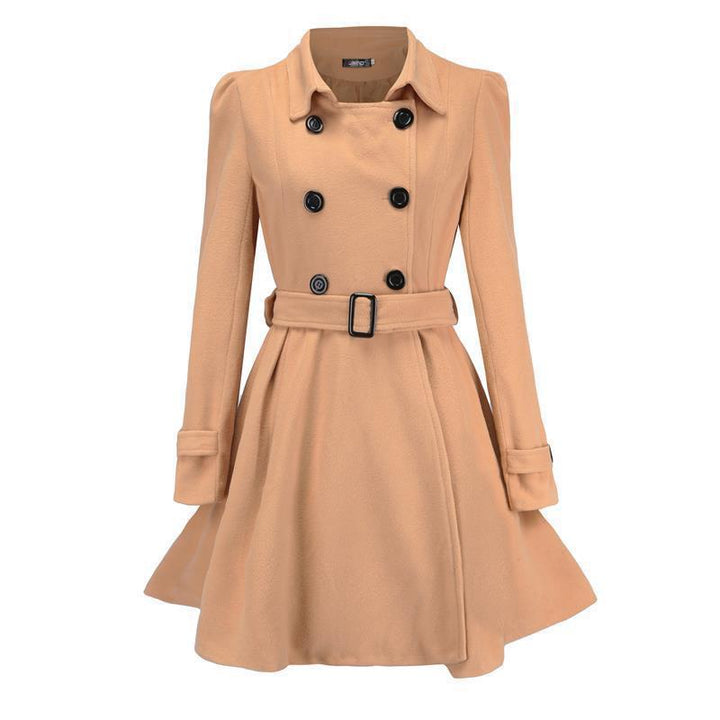 Women's tailored double-breasted coat with flared skirt, tailored belt, and structured shoulders Mune Fashion