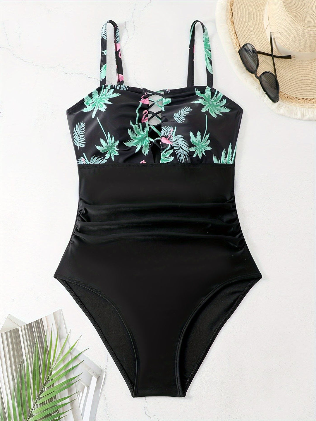 Women's one-piece swimsuit with sophisticated ruffle details and floral top Mune Fashion