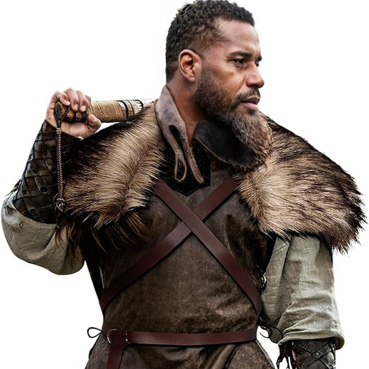 Men's Medieval Leather Jerkin with Faux Fur Shoulder Cape and Braided Arm Guards Mune Fashion