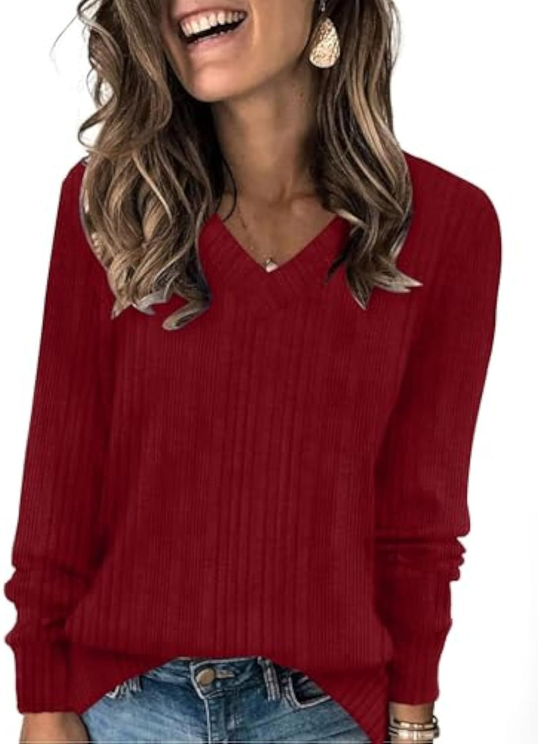 Women's ribbed V-neck fine-knit pullover with longer sleeves Drune