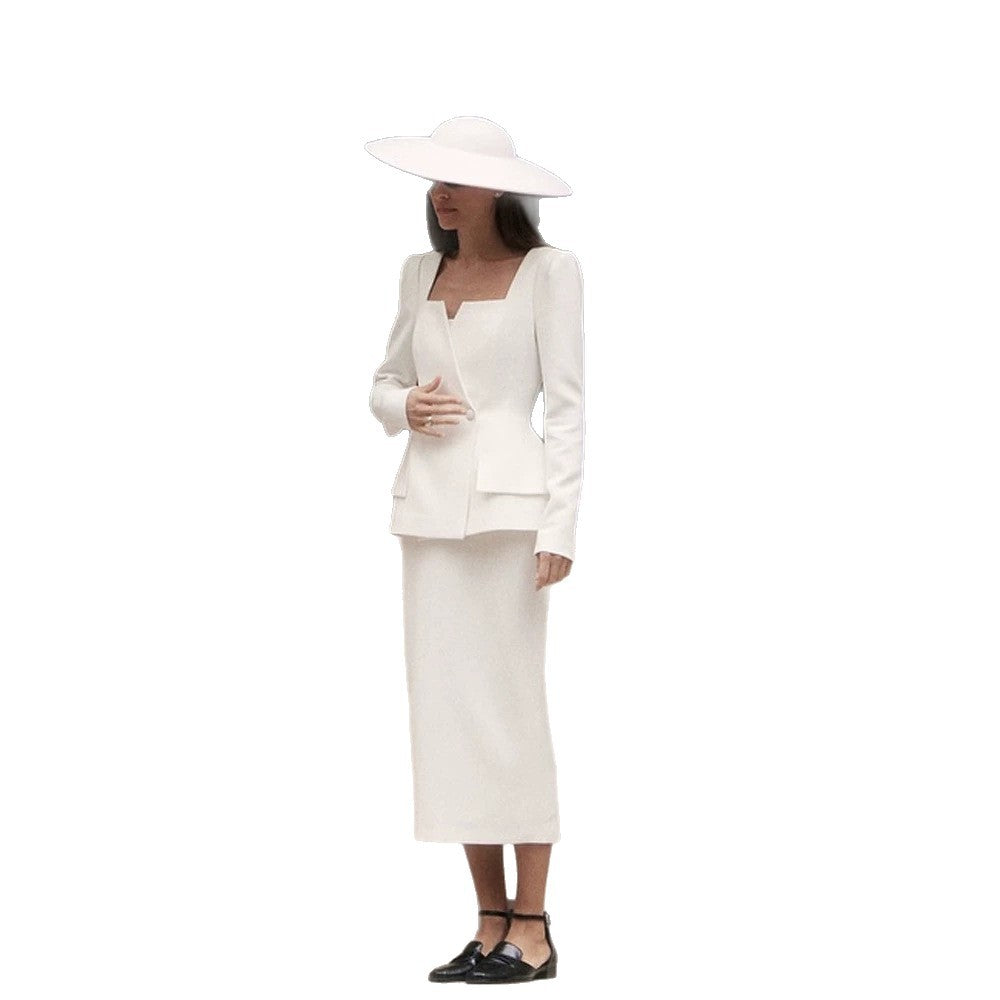 Women Fitted Suit Set with Distinct Angular Neckline and Peplum Mune Fashion