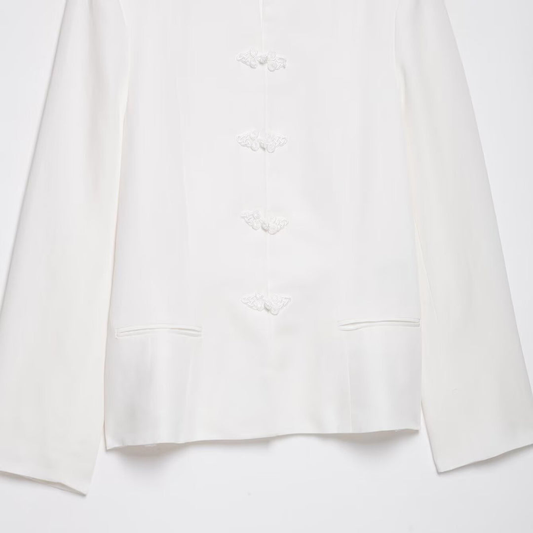 Women's Boxy Short Jacket with Stand-up Collar, Decorative Knot Closures and Welt Pockets Mune Fashion