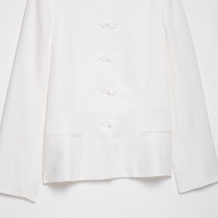 Women's Boxy Short Jacket with Stand-up Collar, Decorative Knot Closures and Welt Pockets Mune Fashion