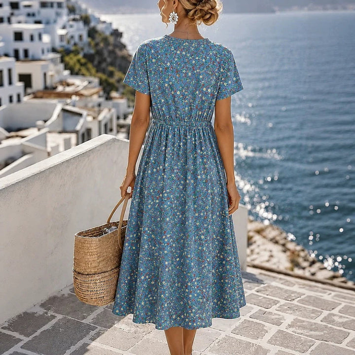 Ladies Midi Dress with Floral Allover Print, Drawstring Waistband and Button Placket Mune Fashion