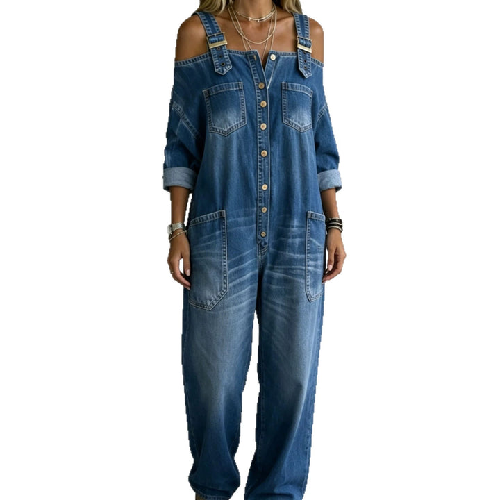 Women's Stylish Denim Overall with Off-Shoulder Design