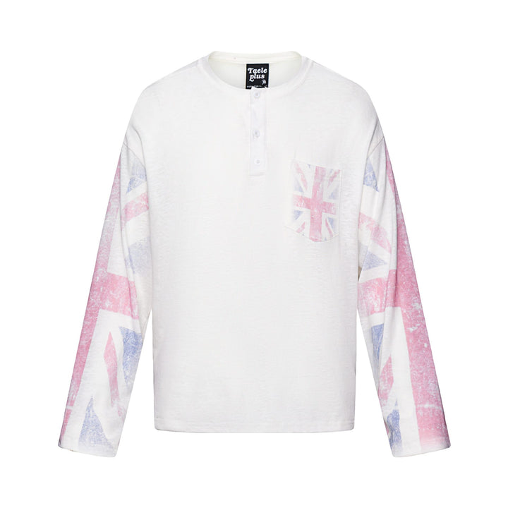 Unisex Long Sleeve Henley Shirt with Chest Pocket and Vintage Flag Print Mune Fashion