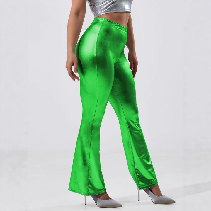 Women's Shiny High-Waist Flared Pants with Metallic Finish Mune Fashion