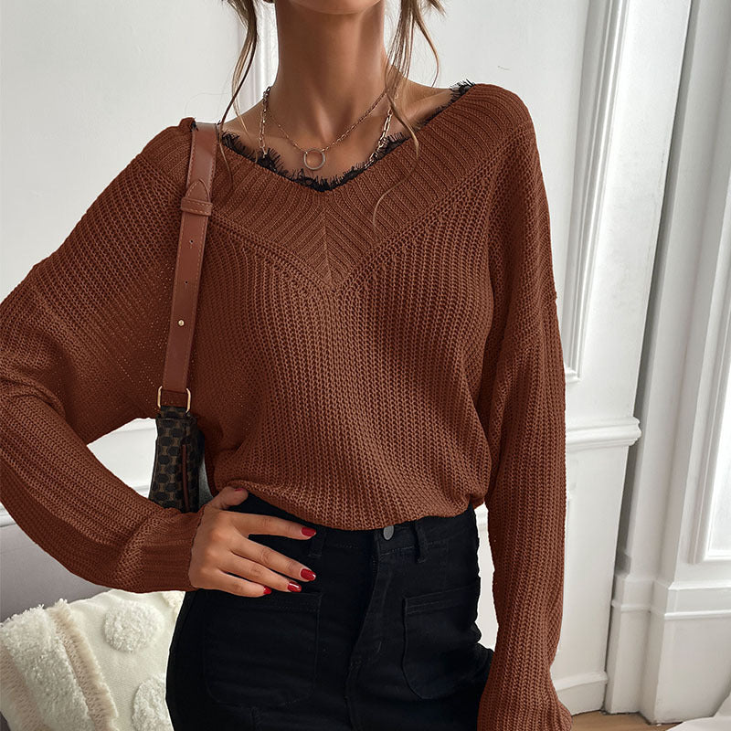 Women Elegant Knit Pullover with V-Neck and Large Pattern Mune Fashion