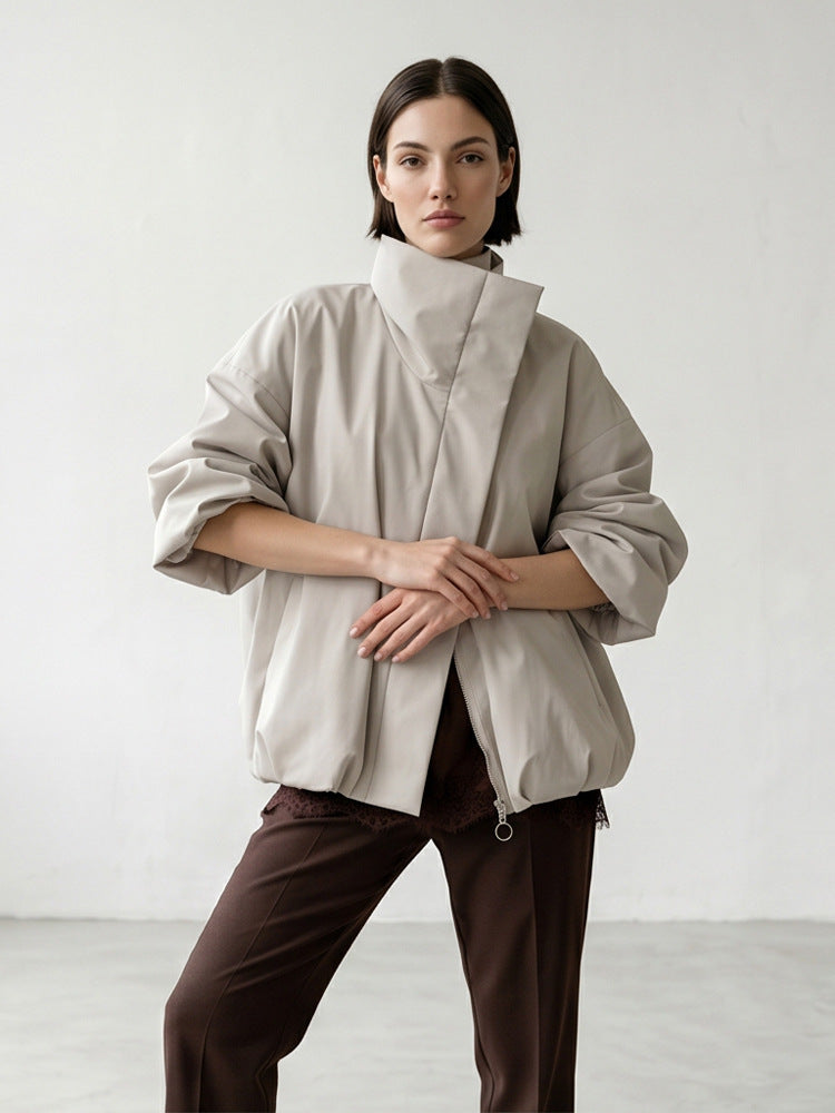Women's boxy short quilted jacket with high asymmetric stand-up collar Mune Fashion