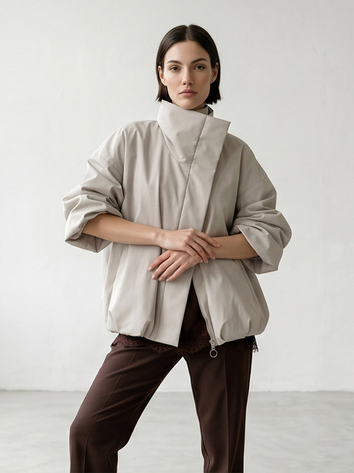 Women's boxy short quilted jacket with high asymmetric stand-up collar Mune Fashion