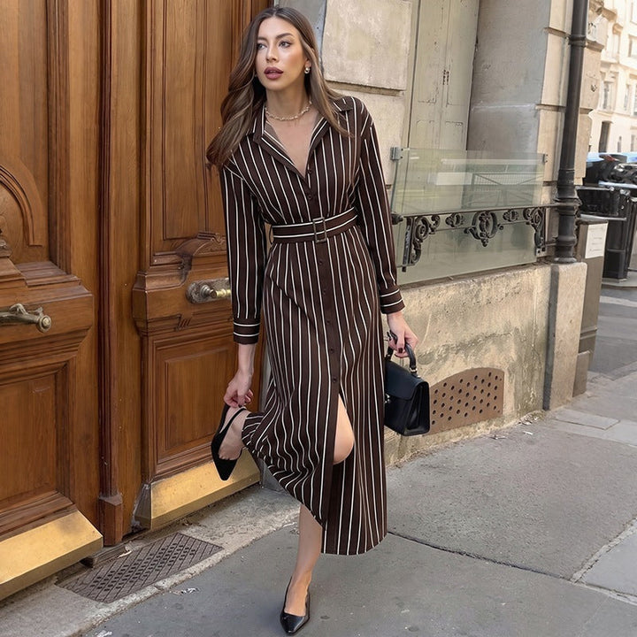 Women's Shirt Dress with Waist Belt and Vertical Pinstripe Mune Fashion