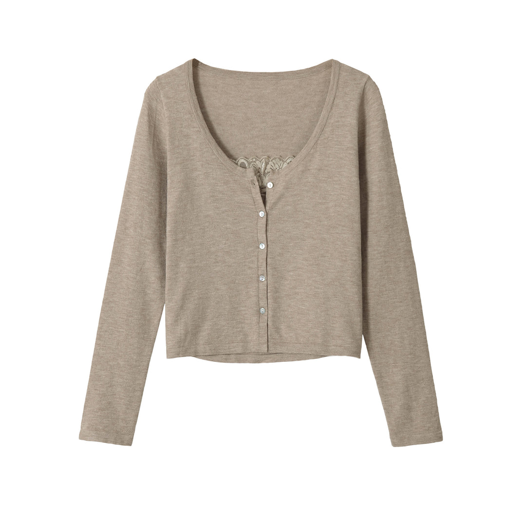 Ladies Fine Cropped Cardigan with Lace Insert and Button Placket Mune Fashion