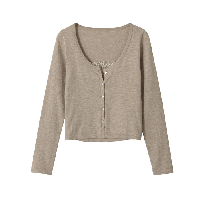 Ladies Fine Cropped Cardigan with Lace Insert and Button Placket Mune Fashion