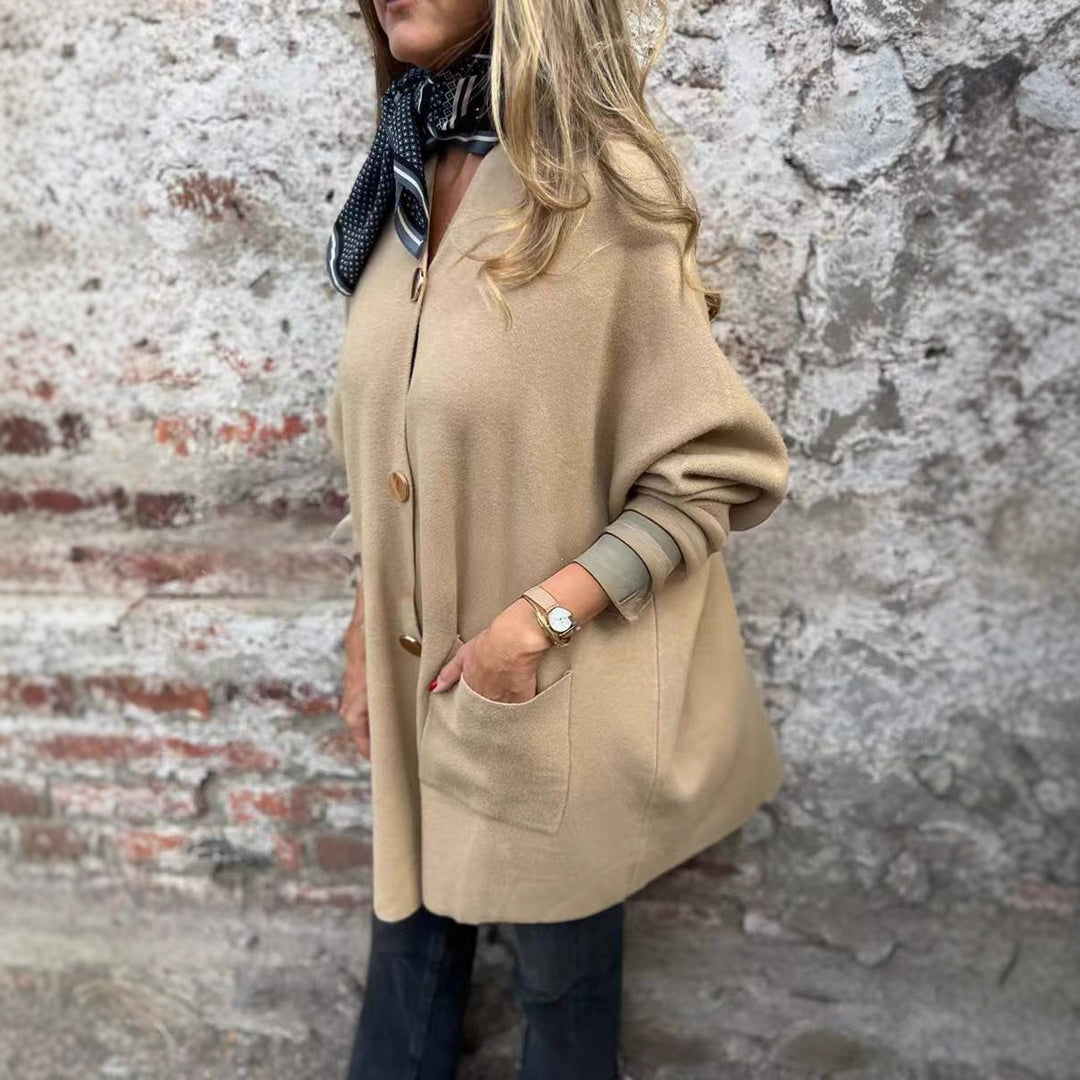 Women Oversized Knit Coat-Cardigan with Sewn Pockets and Decorative Buttons Mune Fashion
