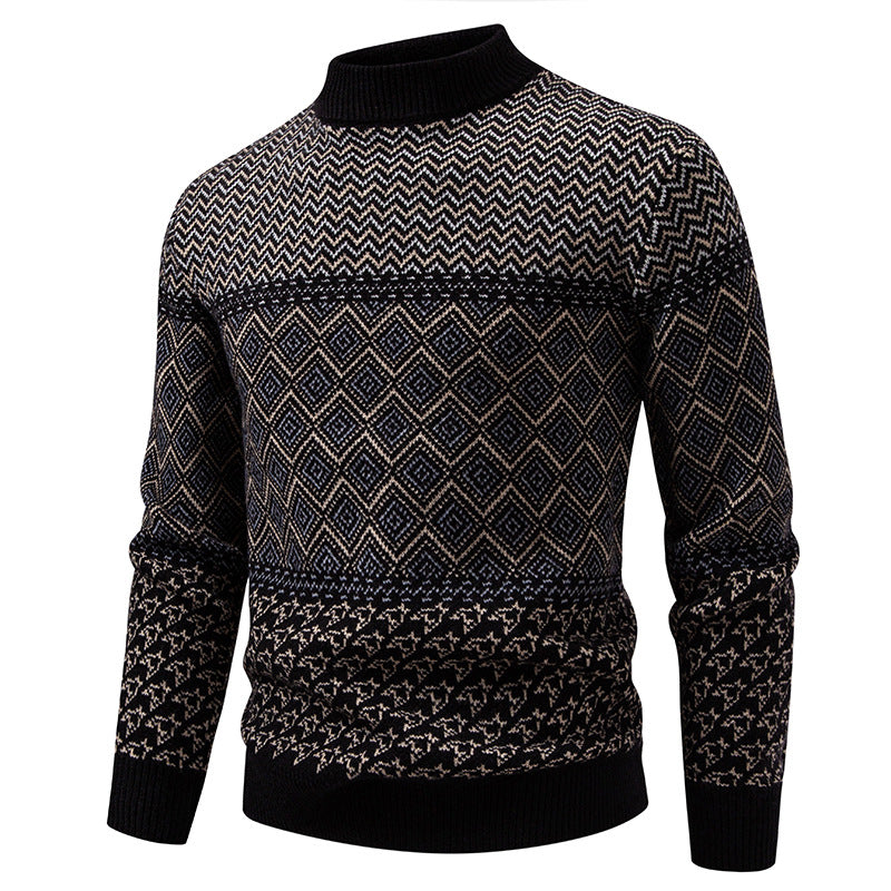 Men's fine knit mock neck sweater with geometric jacquard and ribbed finishes Mune Fashion