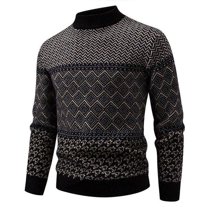 Men's fine knit mock neck sweater with geometric jacquard and ribbed finishes Mune Fashion