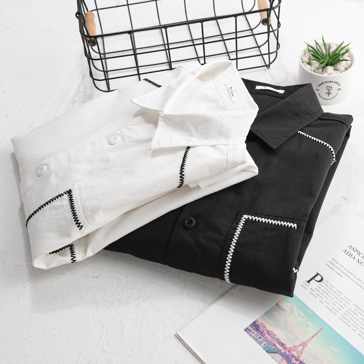 Men's cotton shirt with decorative zigzag seams and chest pocket Mune Fashion