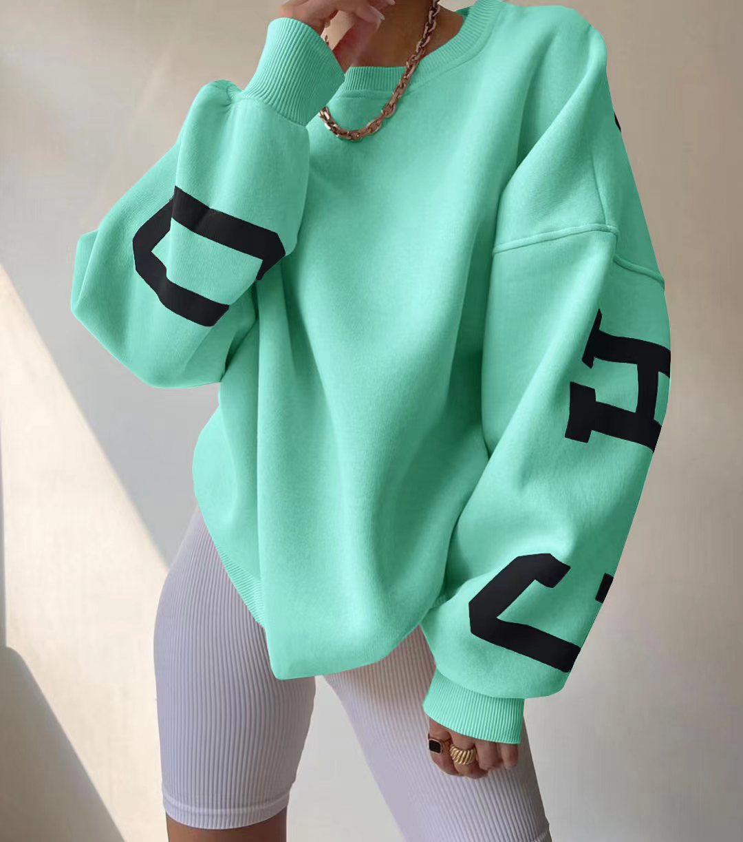Women's Oversized Sweatshirt with Block Print Sleeves and Wide Drop Shoulder Cut Mune Fashion