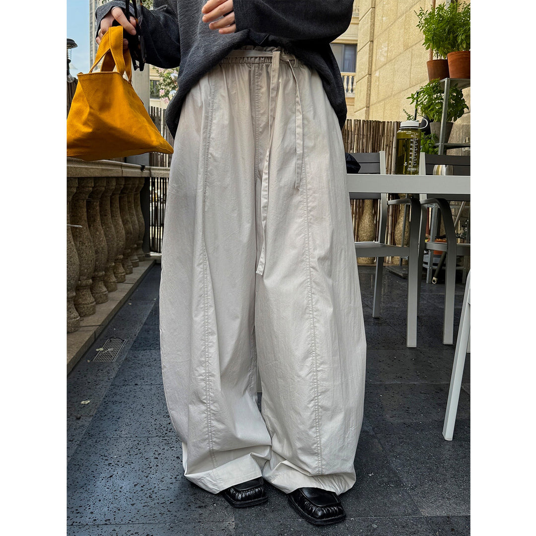 Women's Wide High-Waist Baggy Pants with Drawstring and Division Seams Mune Fashion