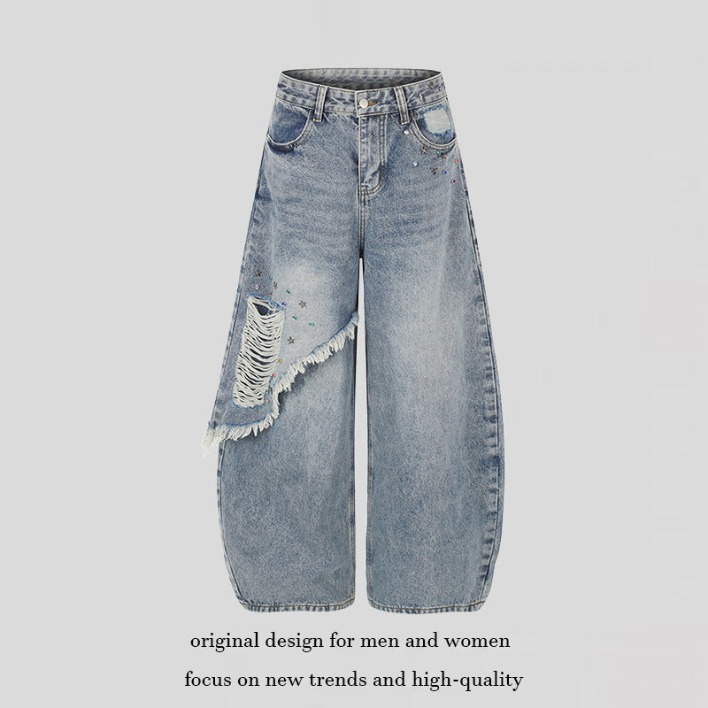 Women's high-waist wide palazzo jeans with asymmetric fringe detail and rhinestone application Mune Fashion