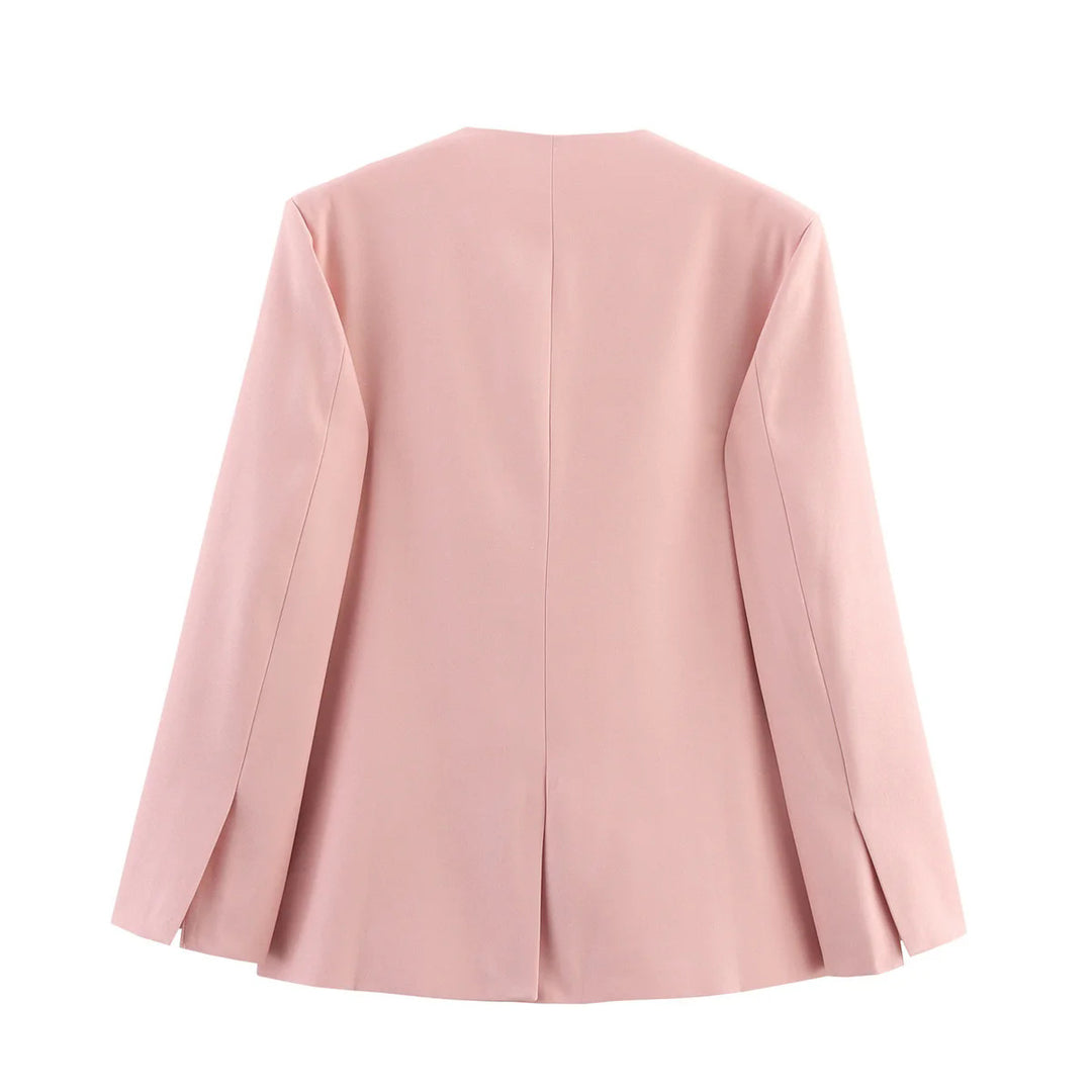 Ladies no-button long blazer jacket with deep V-neck, tailored darts, and flap pockets Mune Fashion