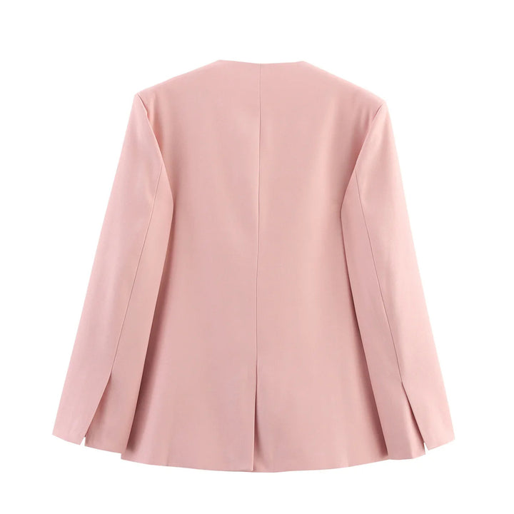 Ladies no-button long blazer jacket with deep V-neck, tailored darts, and flap pockets Mune Fashion