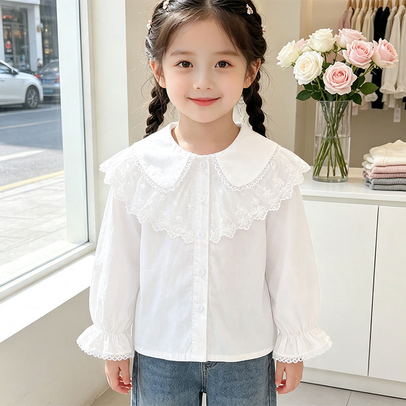 Girl's blouse with elegant lace trim and ruffle details Mune Fashion