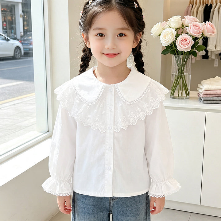 Girl's blouse with elegant lace trim and ruffle details Mune Fashion