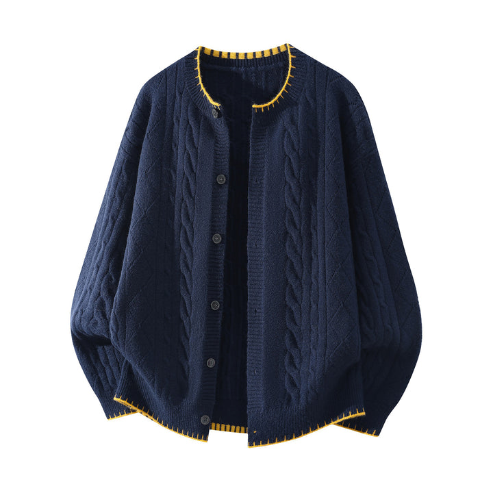 Women's Oversize Cable Knit Cardigan with Round Neck, Balloon Sleeves & Contrast Stitch Mune Fashion