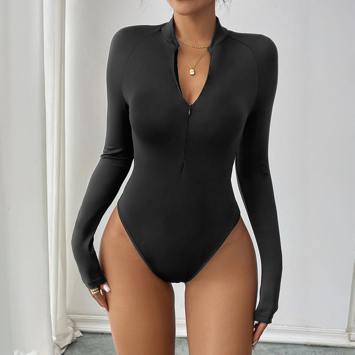 Women's Fitted Long Sleeve Top with Short Zipper and Deep V-Neck Mune Fashion