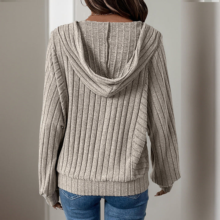 Women's Ribbed Hoodie with Henley Button Placket and Slightly Cropped Fit Mune Fashion
