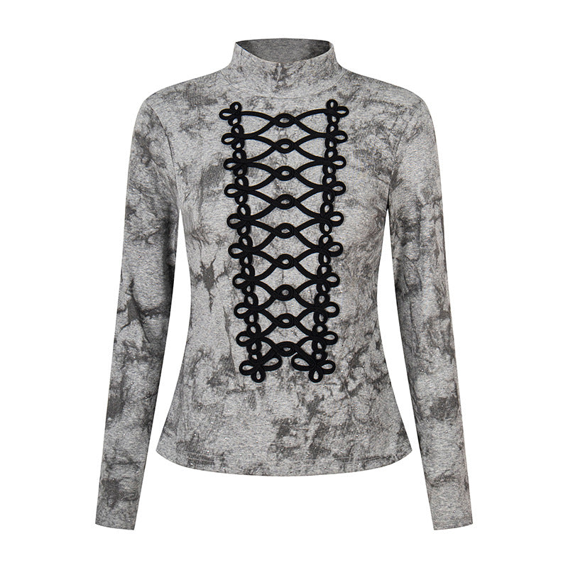 Women's long sleeve shirt with stand-up collar and decorative cord appliqué Mune Fashion