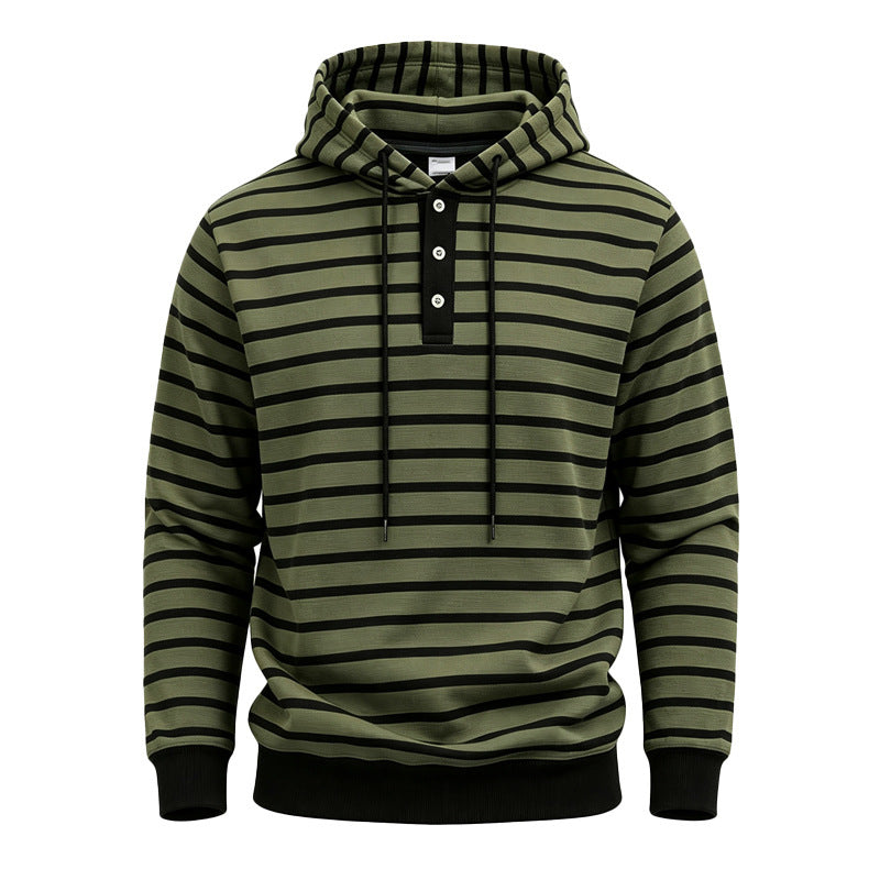 Men Striped Hoodie with Henley Placket, Drawstring and Ribbed Cuffs Mune Fashion