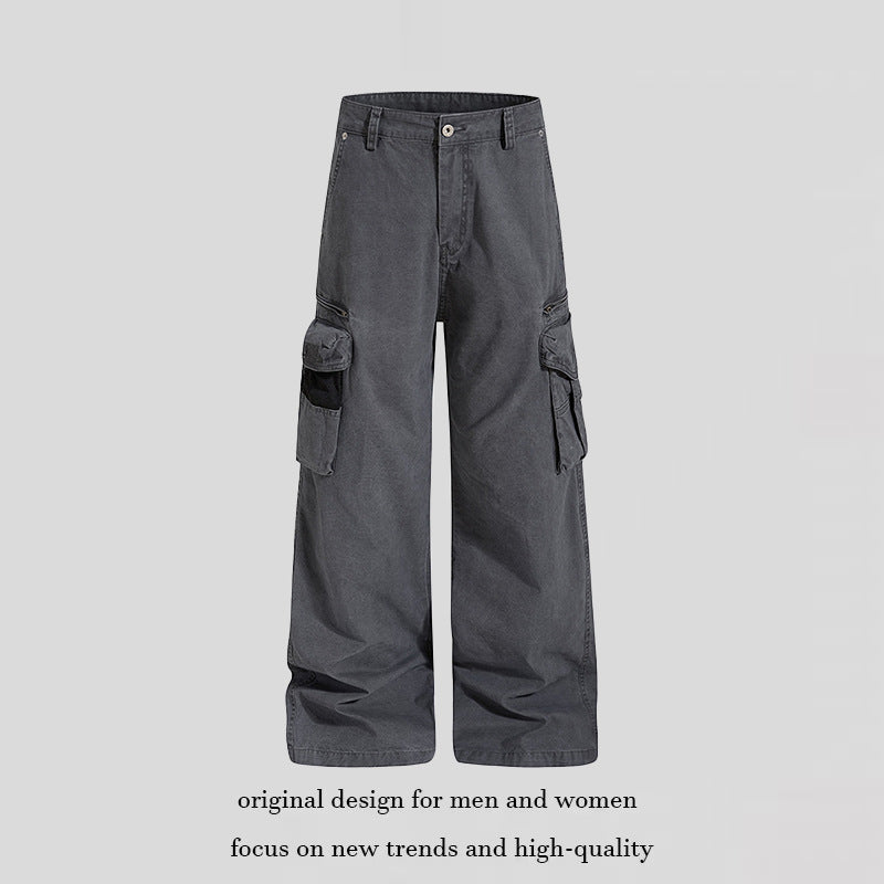 Women's Loose High-Waist Canvas Cargo Pants with Multi-Pockets and Mesh Details Mune Fashion