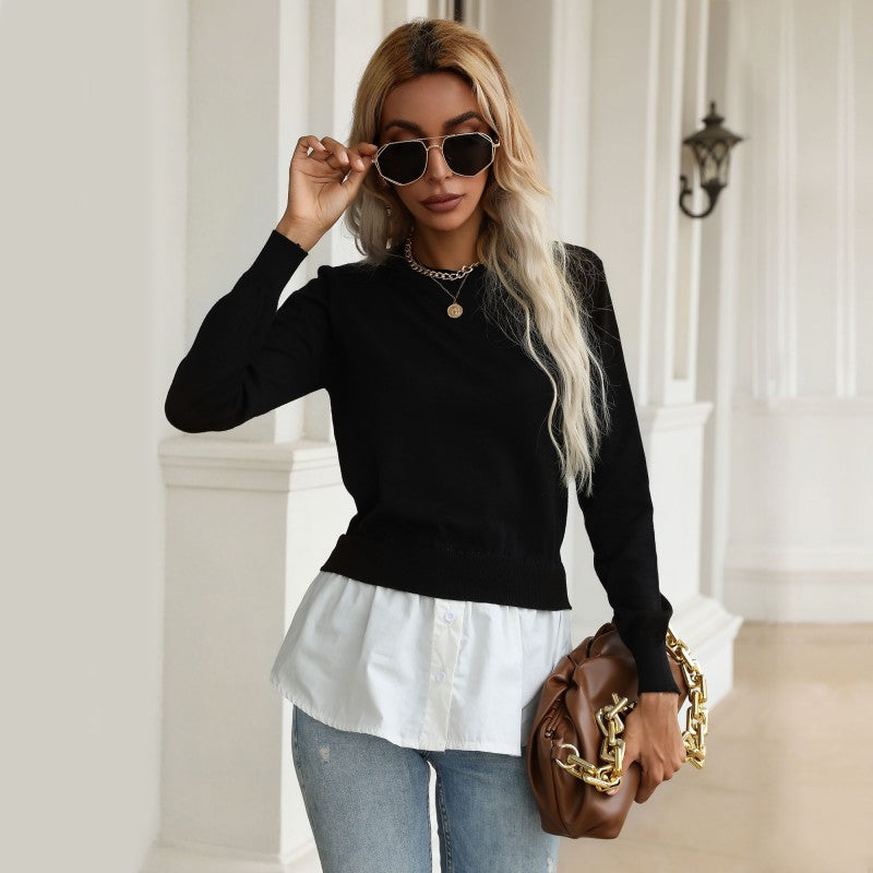 Women’s knitted sweater with integrated blouse trim and double-layer look Mune Fashion