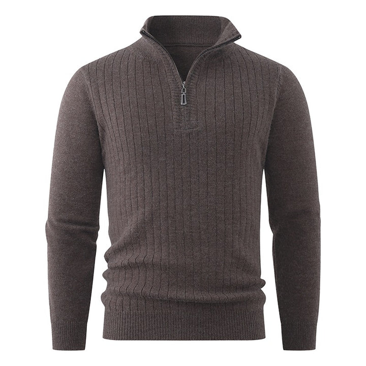 Men's Cashmere-like Half Zip Sweater with Stand Collar and Fine Ribbed Front Mune Fashion