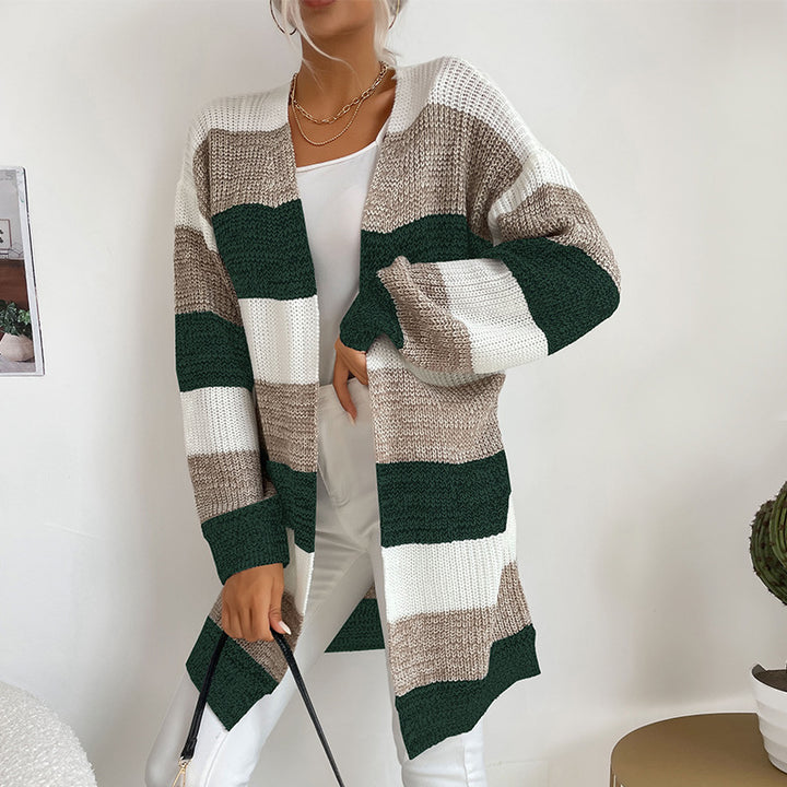Women's Long Oversized Knit Cardigan with Block Stripes and Open Front Mune Fashion