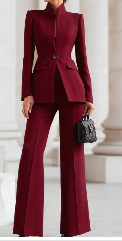 Women Tailored Blazer with Stand Collar and High-Waist Flared Pants Mune Fashion