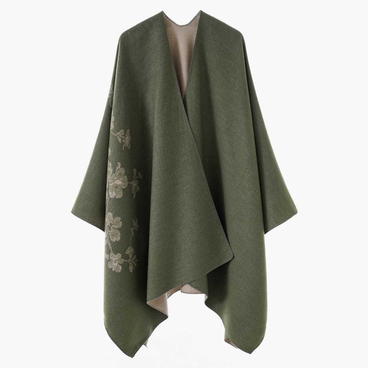 Ladies Open Reversible Wool Blend Cape with Floral Jacquard Pattern