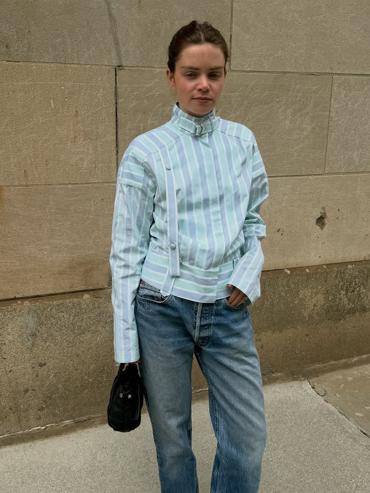 Women's Structured Blouse with Stand Collar, Waist Belt and Vertical Stripe Design Mune Fashion